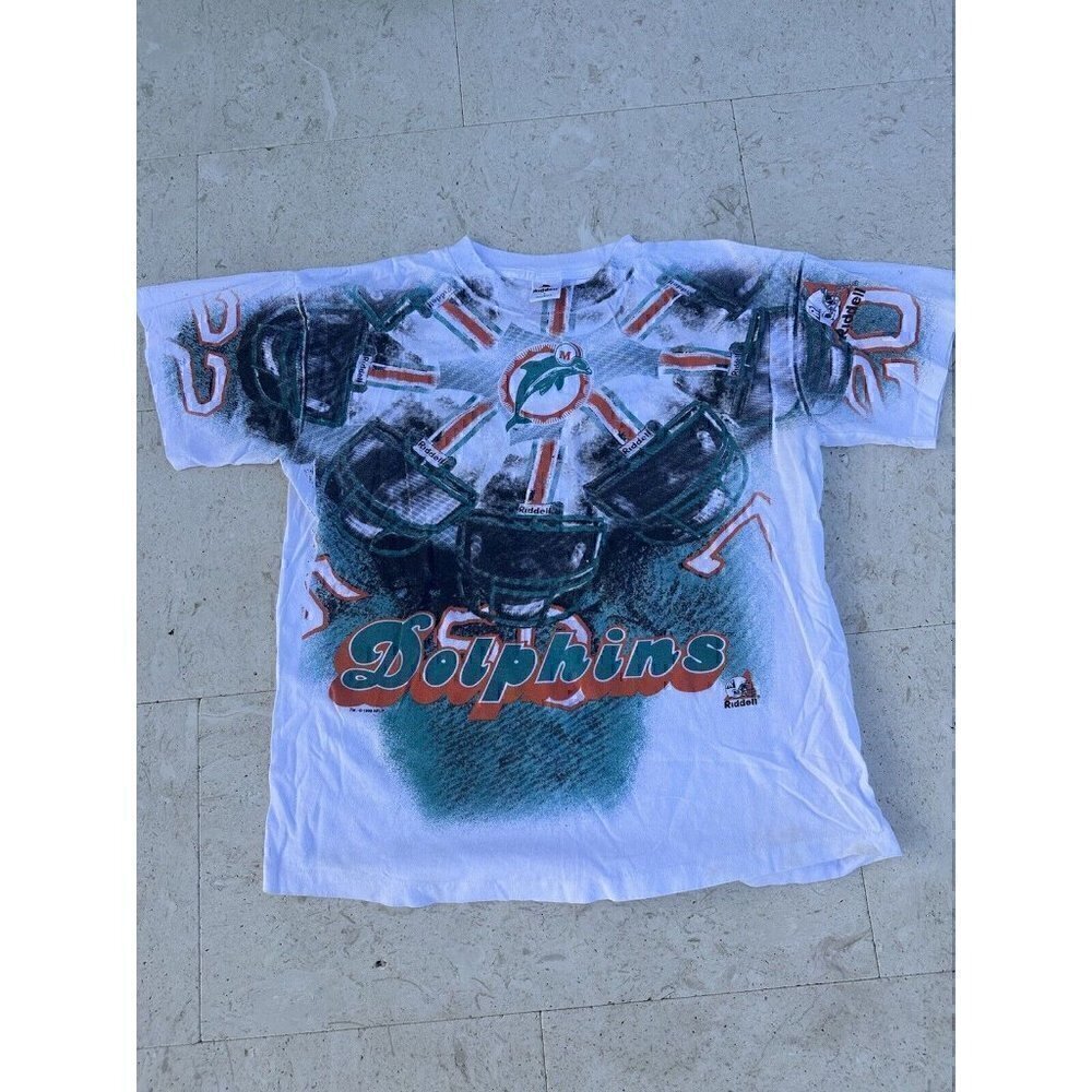 MIAMI DOLPHINS RIDDELL VINTAGE TSHIRT / SIZE L~ CRAZY GRAPHIC~ RARE!!